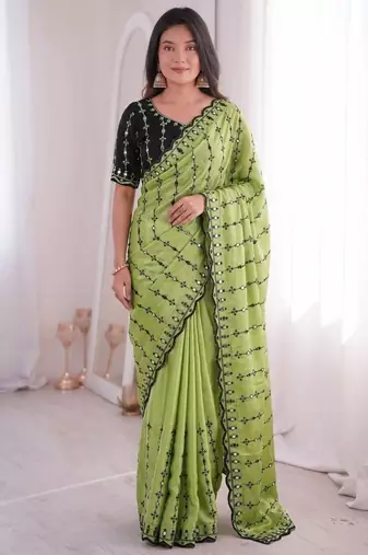 Parrot green viscose rangoli saree with floral embroidery & real mirror work