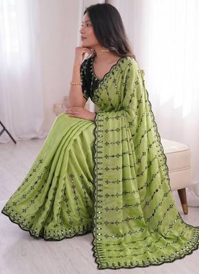 Parrot green viscose rangoli saree with floral embroidery & real mirror work 3