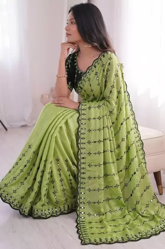 Parrot green viscose rangoli saree with floral embroidery & real mirror work