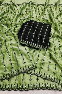 Parrot green viscose rangoli saree with floral embroidery & real mirror work 4