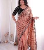 Peach viscose rangoli saree with floral embroidery & real mirror work