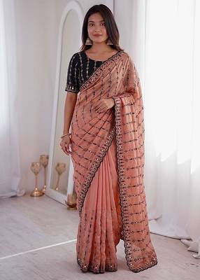 Peach viscose rangoli saree with floral embroidery & real mirror work 2