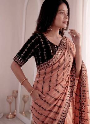 Peach viscose rangoli saree with floral embroidery & real mirror work 3