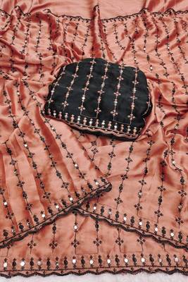 Peach viscose rangoli saree with floral embroidery & real mirror work 4