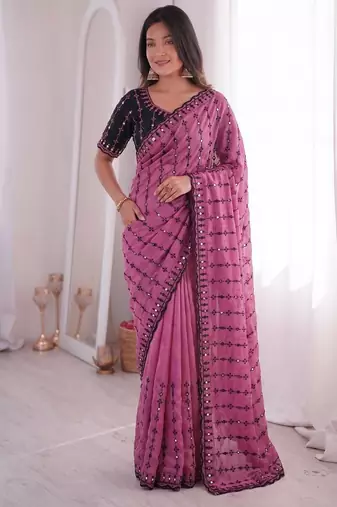 Pink viscose rangoli saree with floral embroidery & real mirror work