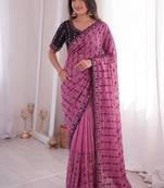 Pink viscose rangoli saree with floral embroidery & real mirror work