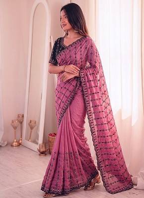 Pink viscose rangoli saree with floral embroidery & real mirror work 2