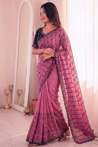 Pink viscose rangoli saree with floral embroidery & real mirror work