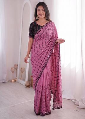 Pink viscose rangoli saree with floral embroidery & real mirror work 3
