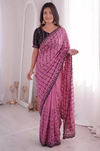 Pink viscose rangoli saree with floral embroidery & real mirror work