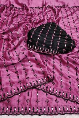 Pink viscose rangoli saree with floral embroidery & real mirror work 4
