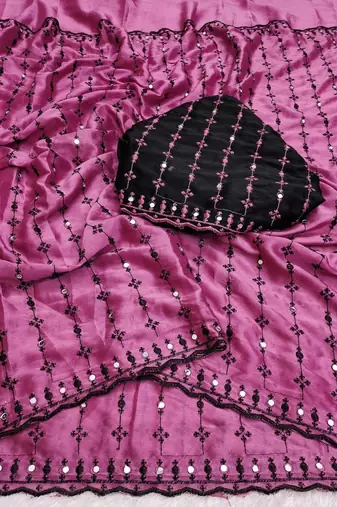 Pink viscose rangoli saree with floral embroidery & real mirror work