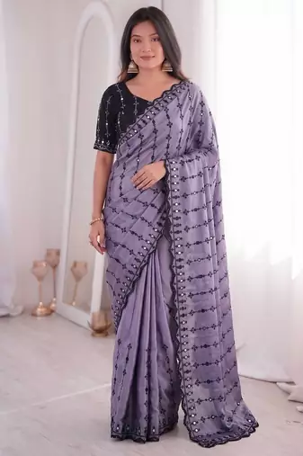 Purple viscose rangoli saree with floral embroidery & real mirror work
