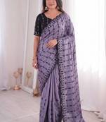 Purple viscose rangoli saree with floral embroidery & real mirror work