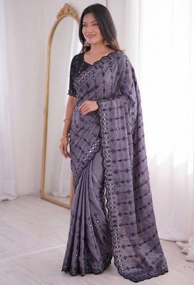 Purple viscose rangoli saree with floral embroidery & real mirror work 2