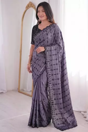 Purple viscose rangoli saree with floral embroidery & real mirror work