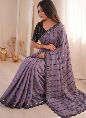 Purple viscose rangoli saree with floral embroidery & real mirror work 3