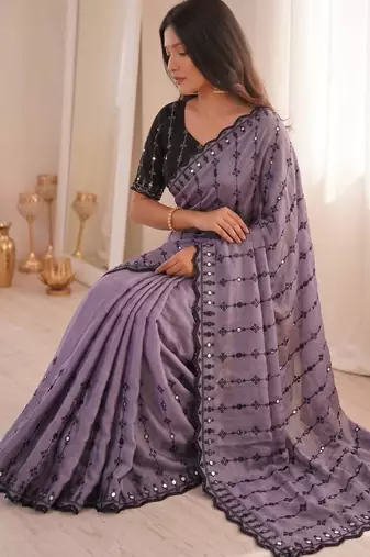 Purple viscose rangoli saree with floral embroidery & real mirror work