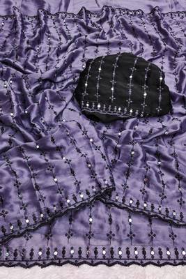 Purple viscose rangoli saree with floral embroidery & real mirror work 4
