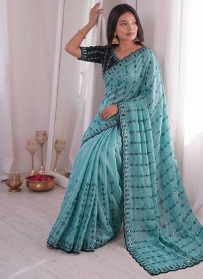 Sky blue viscose rangoli saree with floral embroidery & real mirror work 3