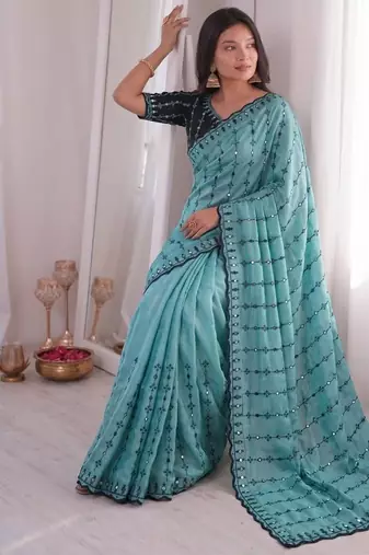 Sky blue viscose rangoli saree with floral embroidery & real mirror work