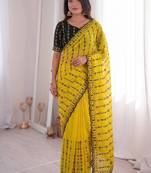 Yellow viscose rangoli saree with floral embroidery & real mirror work