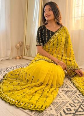 Yellow viscose rangoli saree with floral embroidery & real mirror work 2