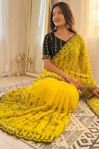Yellow viscose rangoli saree with floral embroidery & real mirror work