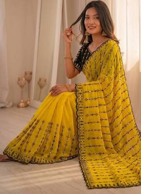 Yellow viscose rangoli saree with floral embroidery & real mirror work 3