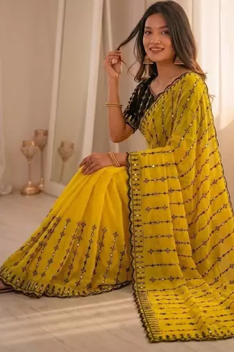 Yellow viscose rangoli saree with floral embroidery & real mirror work