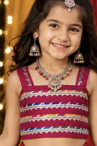 Multicolor Lace Work Kids Chaniya Choli for Navratri Garba and Dandiya