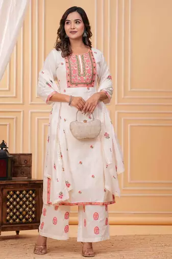 Floral Embroidered Thread Work Pure Cotton Kurta With Palazzos & Dupatta