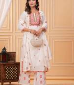 Floral Embroidered Thread Work Pure Cotton Kurta With Palazzos & Dupatta