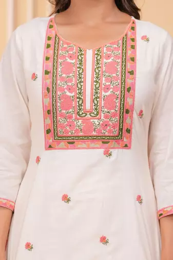 Floral Embroidered Thread Work Pure Cotton Kurta With Palazzos & Dupatta