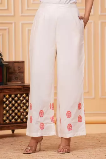 Floral Embroidered Thread Work Pure Cotton Kurta With Palazzos & Dupatta