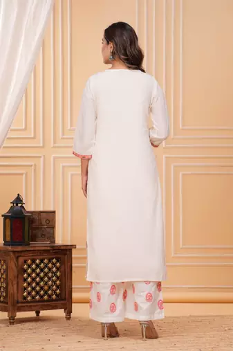 Floral Embroidered Thread Work Pure Cotton Kurta With Palazzos & Dupatta