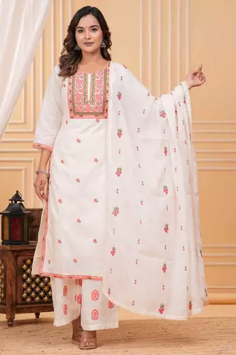 Floral Embroidered Thread Work Pure Cotton Kurta With Palazzos & Dupatta