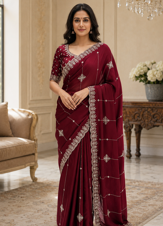 Maroon Color Embroidery And Sequence Work Beautiful Border Work Silk Blend Saree