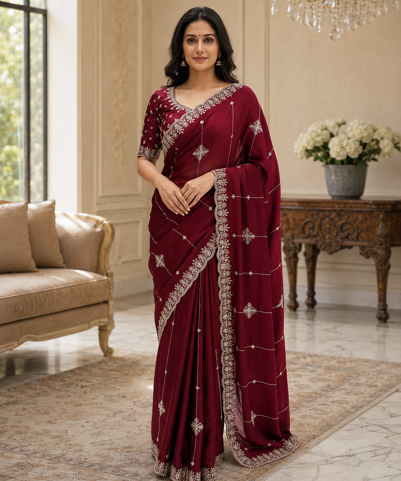 Maroon Color Embroidery And Sequence Work Beautiful Border Work Silk Blend Saree