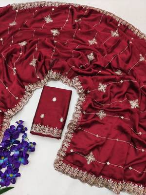 Maroon Color Embroidery And Sequence Work Beautiful Border Work Silk Blend Saree 2