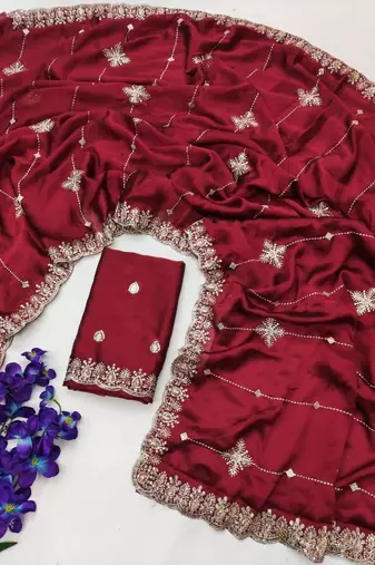 Maroon Color Embroidery And Sequence Work Beautiful Border Work Silk Blend Saree