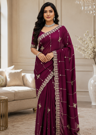 Plum Color Embroidery And Sequence Work Beautiful Border Work Silk Blend Saree
