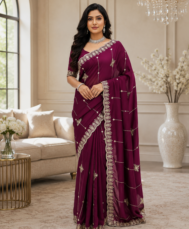 Plum Color Embroidery And Sequence Work Beautiful Border Work Silk Blend Saree