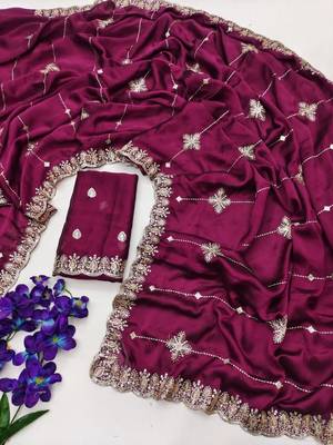 Plum Color Embroidery And Sequence Work Beautiful Border Work Silk Blend Saree 3