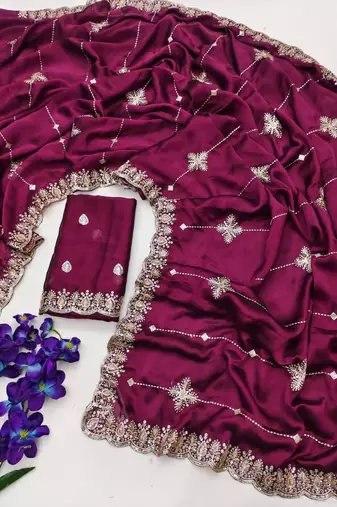 Plum Color Embroidery And Sequence Work Beautiful Border Work Silk Blend Saree