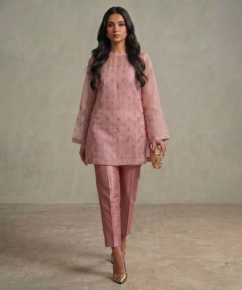 Blush pink embroidered organza co ord set