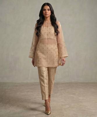 Nude beige embroidered organza co ord set 1