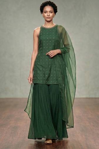 Emerald green embroidered georgette sharara set