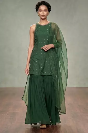 Emerald green embroidered georgette sharara set