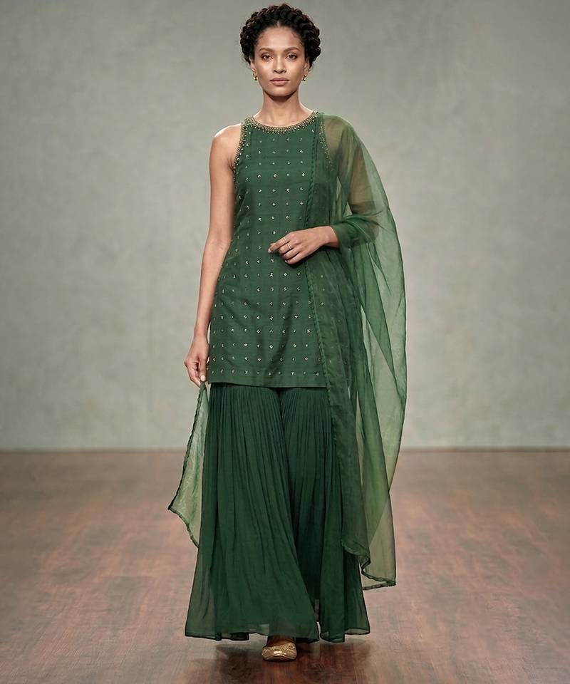 Emerald green embroidered georgette sharara set